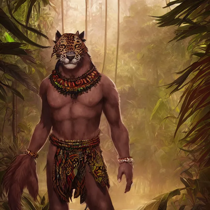 Image similar to character portrait feature of the anthro male anthropomorphic jaguar fursona animal person wearing shaman tribal outfit robes belt standing in the amazon rainforest, well framed character design stylized by charlie bowater, ross tran, artgerm, makoto shinkai, detailed, soft lighting, rendered in octane