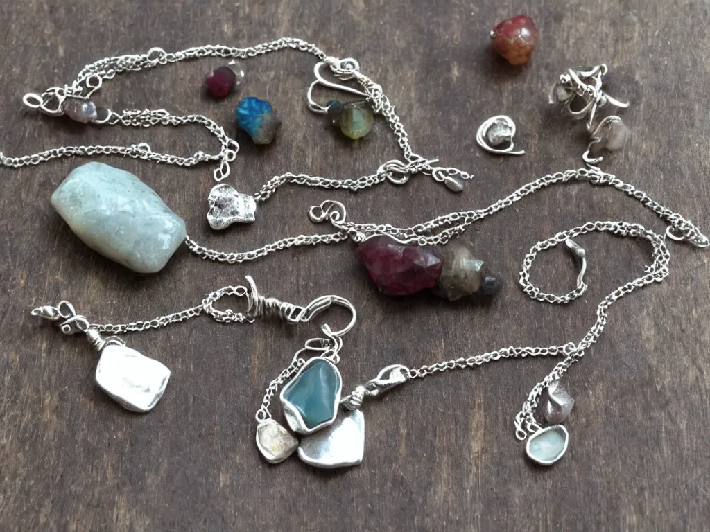 Prompt: rustic hand made jewelry hand crafted from silver and natural gemstones