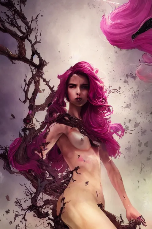 Prompt: a highly detailed tarot card of A beautiful woman, with medium length magenta hair covering an eye, and a tall tree, and large obsidian crystals, cinematic lighting, dramatic atmosphere, by Dustin Nguyen, Akihiko Yoshida, Greg Tocchini, Greg Rutkowski, Cliff Chiang, 4k resolution, trending on artstation