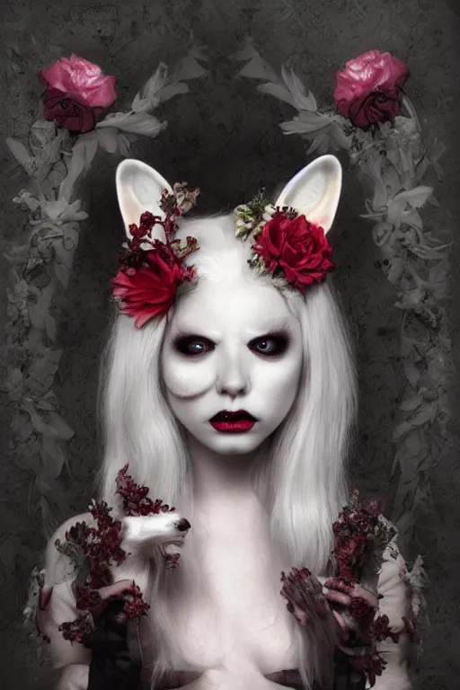 Image similar to albino, vampire white fox, flowerpunk, by Natalie Shau