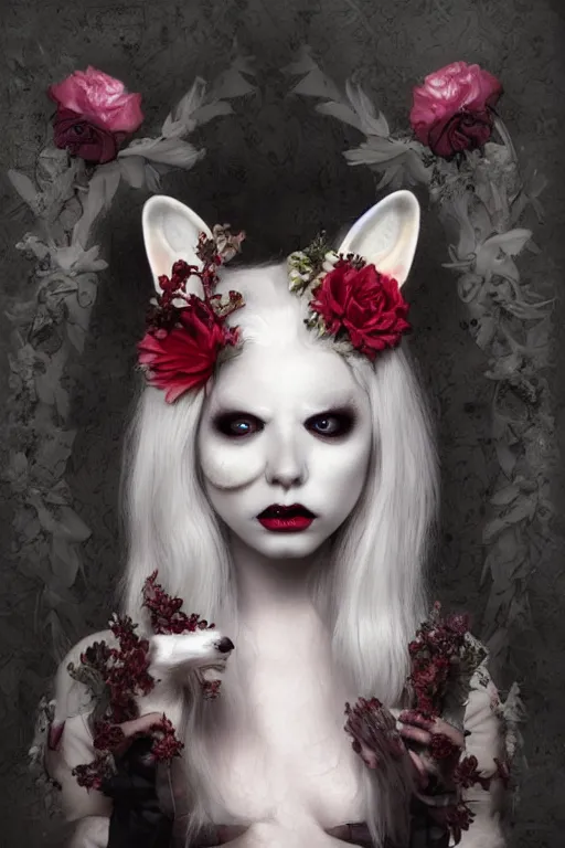 Prompt: albino, vampire white fox, flowerpunk, by Natalie Shau