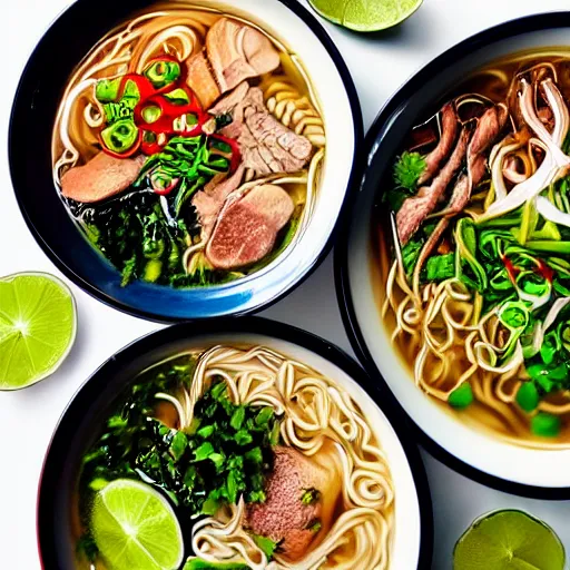 Image similar to flatlay realistic photo of delicious pho, ramen, highly detailed, natural light, 8 k hd, award winning, artstation,