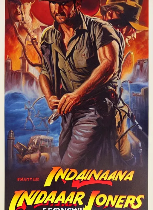 Prompt: 1 9 8 6 poster for indiana jones vs monsters. oil on canvas. print.