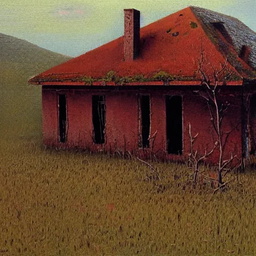 Image similar to an abandoned old rusty American house on a field oil painting in style of Zdislaw Beksinski