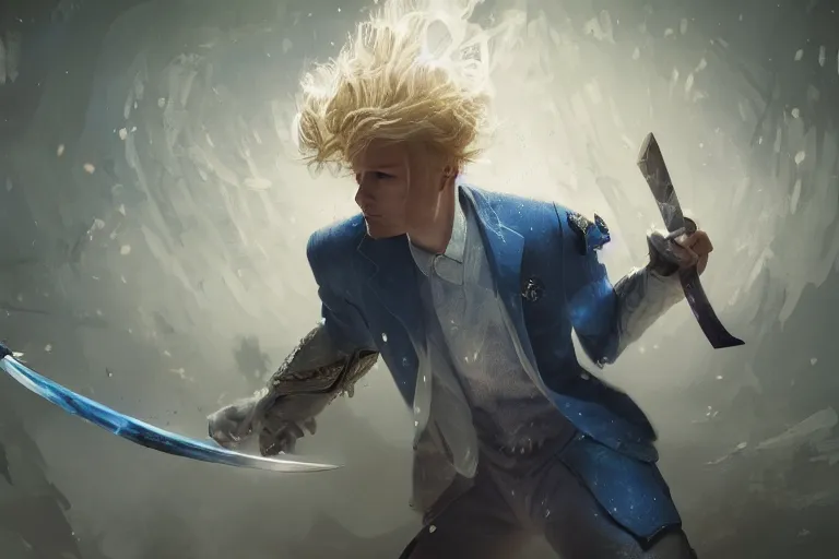 Image similar to a blond man in a blue suit swinging a sword against a fighter with a rune blade and no armor, d & d, heartstone, digital painting, volumetric light, intricate, sharp, focus, bloom, illustration, highly detailed, concept art, matte, ruan jia, randy vargas, greg rutkowski