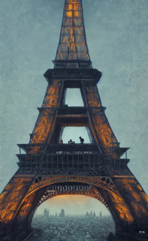 Image similar to twilight eiffel tower, jpeg artefacts on canvas, by seb mckinnon and james gurney and greg rutkowski, highly detailed, amazing, perfect lighting