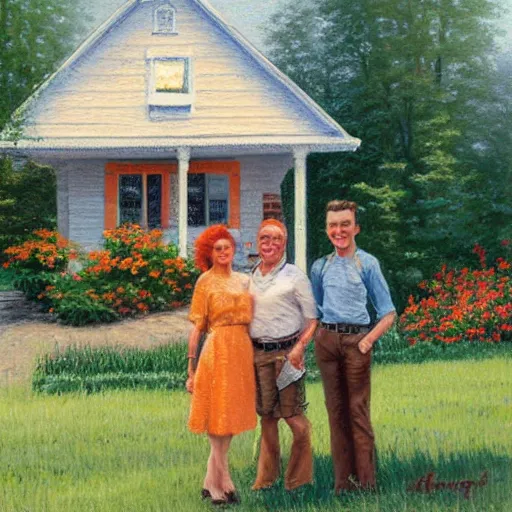 Prompt: painting of a orange hair mom, cool young dad, curly headed baby and brown poodle in front of a white single story 1 9 5 0's farm house, in the style of thomas kinkade