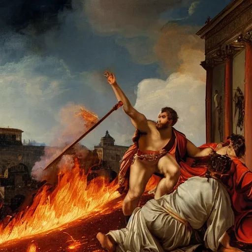 Prompt: emperor nero setting rome on fire, old master painting, ultra realistic details, 8 k