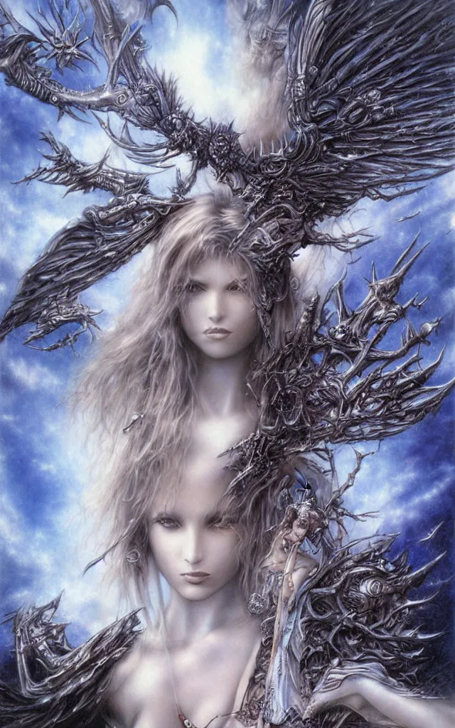 Image similar to sky heavy metal airbrush fantasy 80s by luis royo, masterpiece