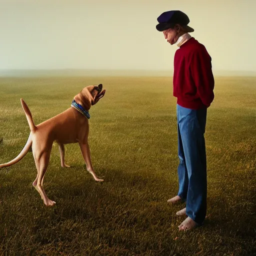 Image similar to a william wegman photograph of two dogs standing on hind legs in human clothing by ryan mcginley 4k, hyperrealistic, focused, extreme details, unreal engine 5, cinematic, masterpiece, high resolution, detailed,