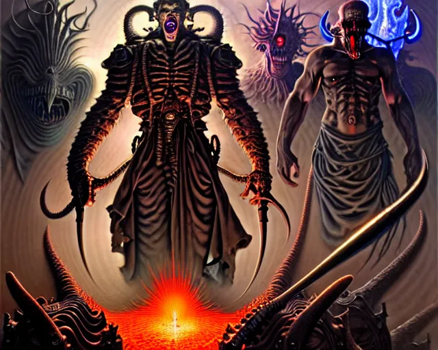 Image similar to the army of darkness and hell, fantasy character portrait made of fractals facing each other, ultra realistic, wide angle, intricate details, the fifth element artifacts, highly detailed by peter mohrbacher, hajime sorayama, wayne barlowe, boris vallejo, aaron horkey, gaston bussiere, craig mullins