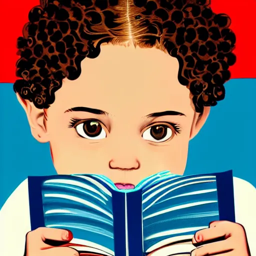 Prompt: a little girl with a mischievous face and short light brown curly wavy hair and blue eyes. she is reading a book. well composed, clean elegant pop art painting, beautiful detailed face.