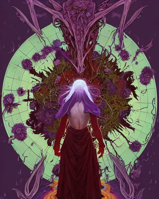 Image similar to the platonic ideal of flowers, rotting, insects and praying of cletus kasady carnage thanos davinci nazgul wild hunt chtulu mandala ponyo heavy rain the witcher, d & d, fantasy, ego death, decay, dmt, psilocybin, concept art by randy vargas and greg rutkowski and ruan jia and alphonse mucha