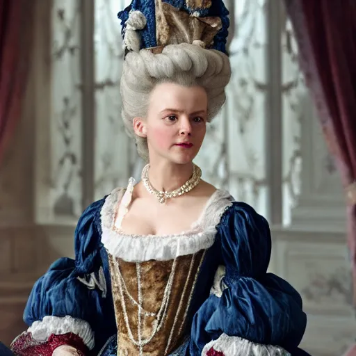 Prompt: marie antoinette wearing robe a la francaise, wow 4 k detail fantasy, matte painting, realistic materials, photo realistic, postprocessing, cinematic, hyperrealistic, studio lighting, ekaterina, the tudors, photography by richard jenkins