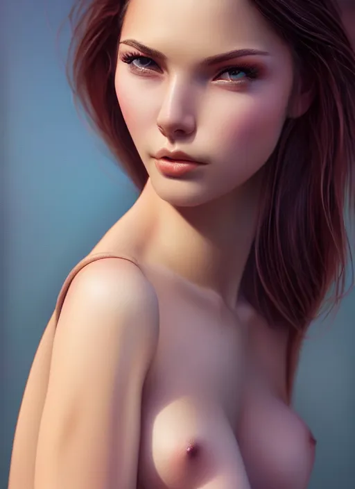 Image similar to high angle photo of a gorgeous young woman in the style of stefan kostic, realistic skin, 1 / 2 body crop, 8 5 mm art lens, f 1. 2, sharp focus, 8 k high definition, insanely detailed, intricate, elegant, art by stanley lau and artgerm