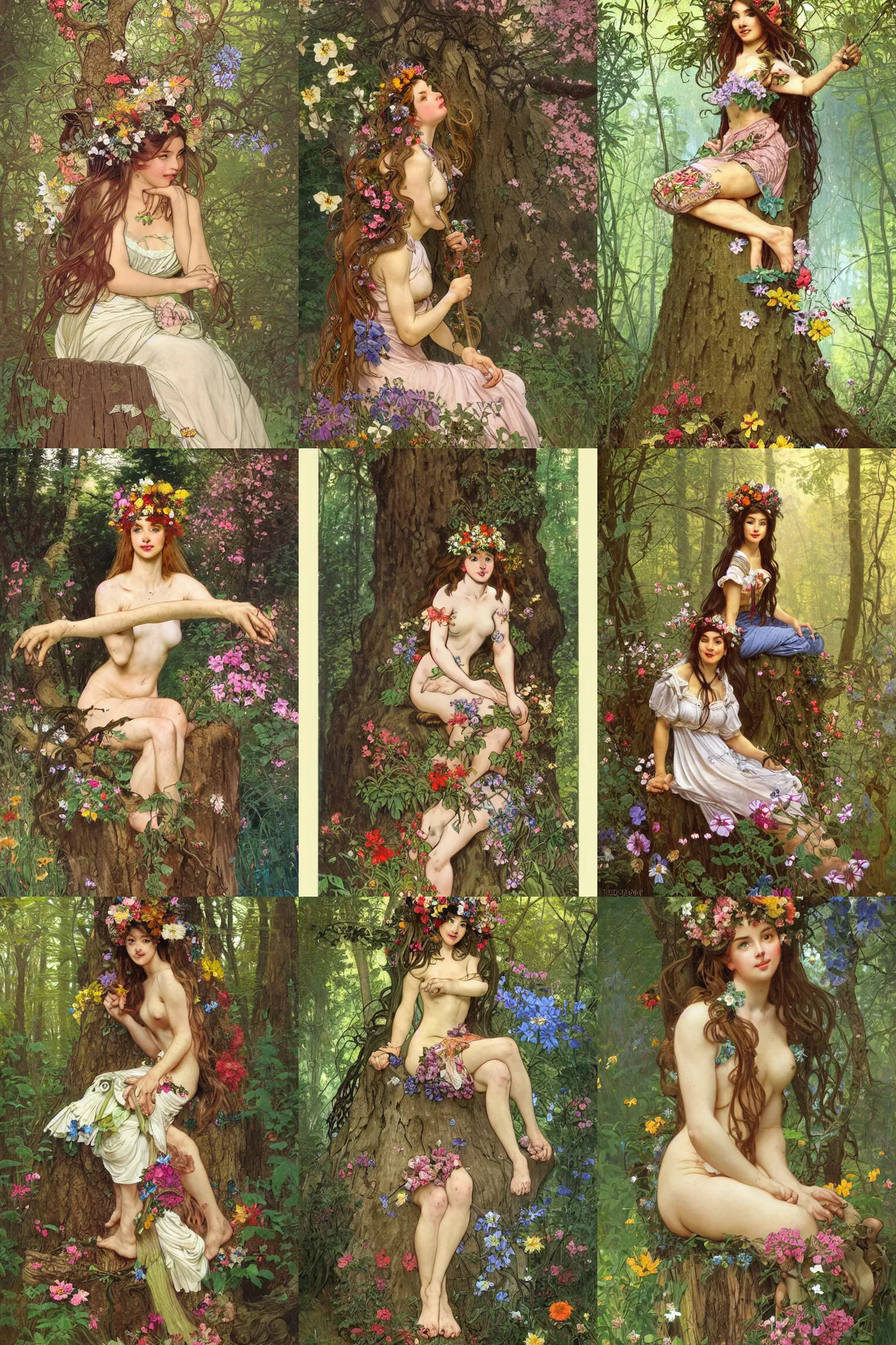 Prompt: woman half man half tree sitting on the stump in the forest. Long wavy hair. Flowers in her hair. Flowers on the body. Renowned character illustration by thomas kindkade, alphonse mucha, loish, norman rockwell,johnny, Vincenzo Riccardi, Naranbaatar Ganbold. Trending on artstation