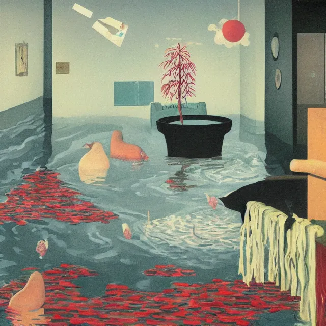 Image similar to painting of flood waters inside an apartment, tall female emo art student, a river flooding indoors, pomegranates, pigs, ikebana, water, river, rapids, waterfall, black swans, canoe, berries, acrylic on canvas, surrealist, by magritte and monet