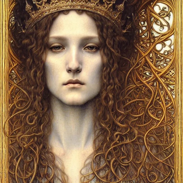 Image similar to detailed realistic beautiful young medieval queen face portrait by jean delville, gustave dore and marco mazzoni, art nouveau, symbolist, visionary, gothic, pre - raphaelite. horizontal symmetry