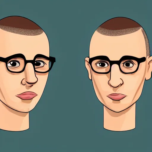 Prompt: 50 year old brunette man with very short hair, buzz cut, round round round face round face round face, square face, round jaw, big chin , romanian, glasses, romanian heritage, brown eyes, olive skin, round nose, round chin, clean shaven wide face, thin lips, , digital art, painterly, cartoon, cute, 8k, illustration, art by loish, painterly, trending on artstation, medium shot, uncropped