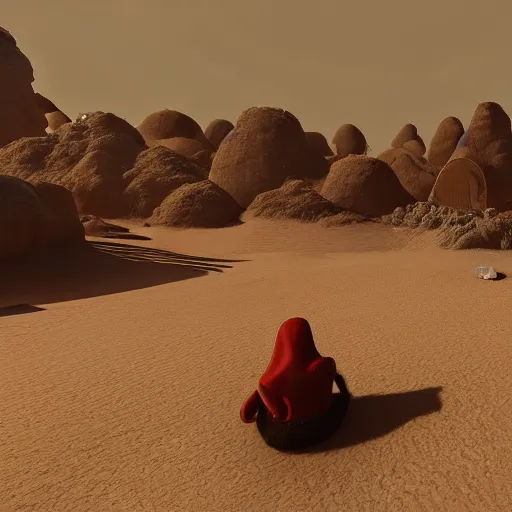 Prompt: A lonely traveller in a desert world, award winning, trending on artstation, unreal engine