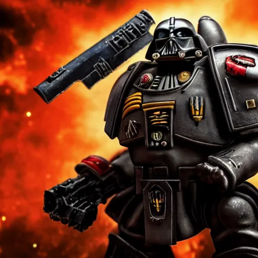 Image similar to space marine from warhammer 40000 in the style of the meaning of life, realism, against the background of the battlefield, depth of field, focus on darth vader,