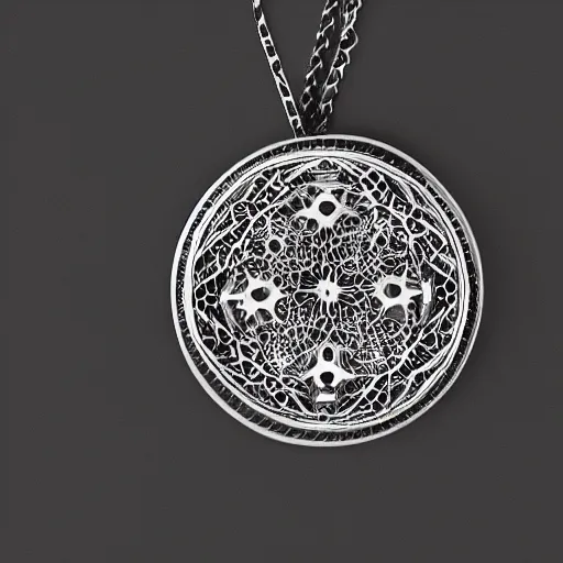 Image similar to an intricate pendant made out of bones, studio photography, black background, volumetric