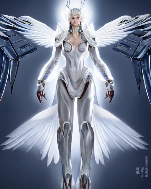 Image similar to perfect white haired attractive egyptian goddess with huge white dove wings, warframe armor, beautiful, symmetric, charlize theron, half asian, pretty face, blue eyes, cyborg, scifi platform, laboratory, experiment, 4 k, ultra realistic, epic lighting, android body, illuminated, cinematic, masterpiece, art by akihito tsukushi, voidstar