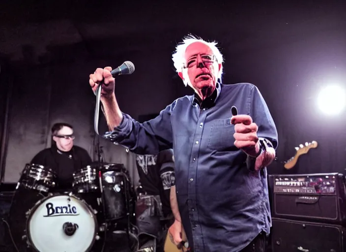 Image similar to publicity photo still of bernie sanders in a punk band playing live on stage, 8 k, live concert lighting, mid shot