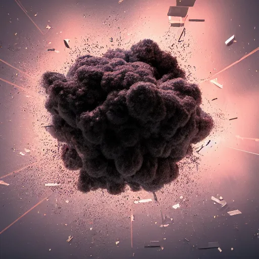 Image similar to An explosion of debris, particulate matter and particles, directional lighting , black background, 8k redshift render