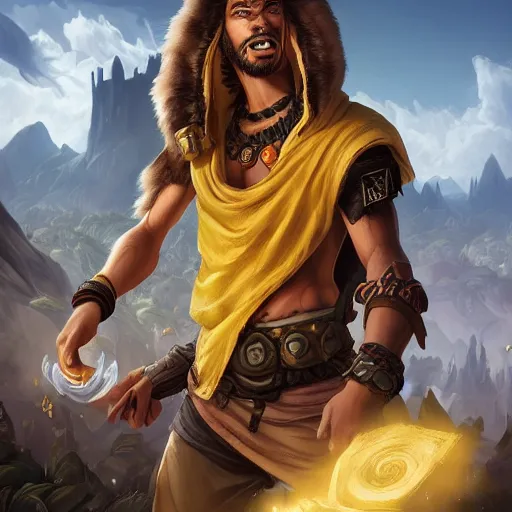 Image similar to portrait of young wild arabian nomad half werewolf, with yellow cloths, league of legends splash art, hearthstone splash art, full body shot, rule of thirds, ultrafine hyperrealistic detailed face, artgerm, greg rutkowski, trending on artstation, 8 k, intricately detailed, highly detailed