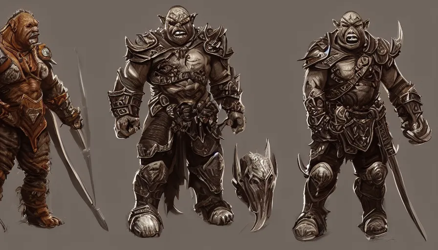 Prompt: three different views of orcs in armour, intricate beautiful concept art by senior character artist, trending on artstation, artstation hd, full body
