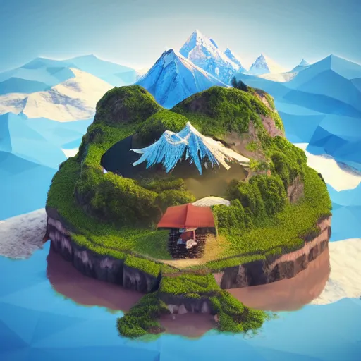 Image similar to a beautiful floating island with everest landscape isometric art, low poly art, game art, artstation, 3D render, high detail, cgsociety, octane render, sharp focus