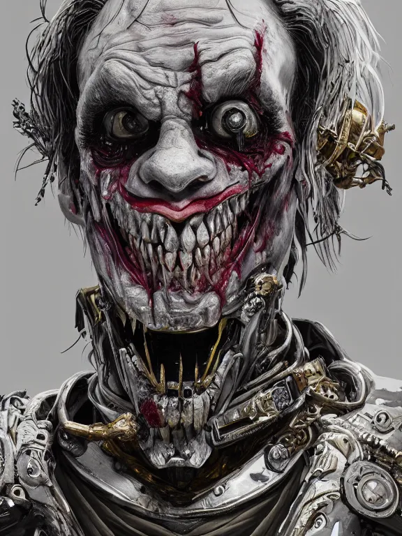 Prompt: portrait art of 8k ultra realistic undead joker, detailed intricate ornate armour,decaying, cybernetic, full of colour, cinematic lighting, battered, trending on artstation, 4k, hyperrealistic, focused, extreme details,unreal engine 5, cinematic, masterpiece, art by ayami kojima, giger