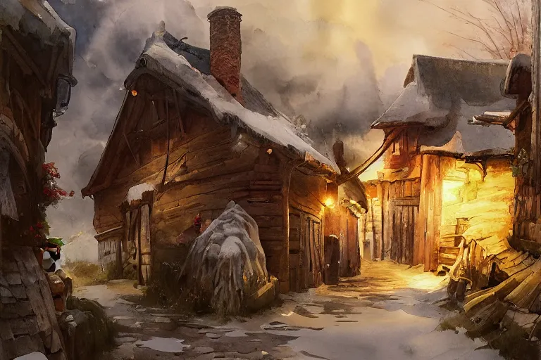 Image similar to watercolor painting of rustic village street, straw roof, scandinavian mythology, ambient lighting, art by hans dahl, by jesper ejsing, art by anders zorn, wonderful masterpiece by greg rutkowski, cinematic light, american romanticism by greg manchess, creation by tyler edlin