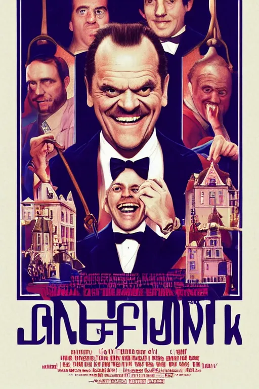 Prompt: a movie poster for the film the shining in the style of the grand budapest hotel featuring one grinning jack nicholson and an axe.