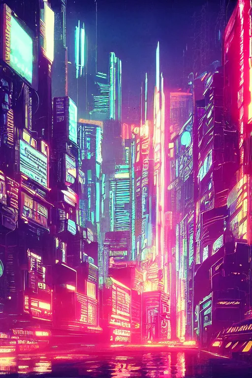 Image similar to cyberpunk city with a flight vehicle glowing in the sky, neon sign, cinematic composition, wide shot, bladerunner, by moebius