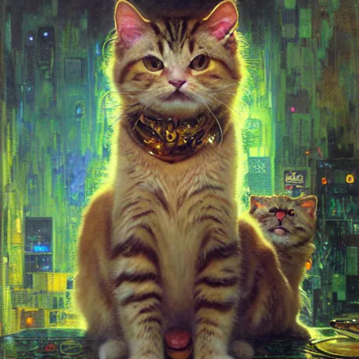 Image similar to a portrait of a humanoid fluffy tabby cat feline with green human eyes wearing a jumpsuit. shadowrun cyberpunk fantasy highly detailed painting by gaston bussiere craig mullins jc leyendecker gustav klimt artgerm greg rutkowski john berkey, bergey, craig mullins, ruan jia, raymond swanland, jeremy mann, tom lovell, alex malveda