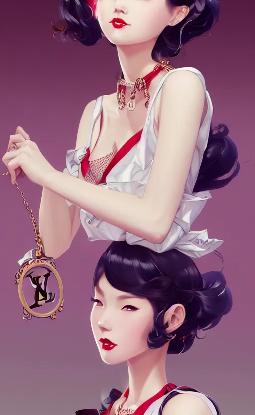 Image similar to a pin up and beautiful fashion and charming and dreamlke japan girl with lv jewelry, character art, art by artgerm lau and kyoung hwan kim and and ilya kuvshinov and john singer sargent, hyperdetailed, 8 k realistic, symmetrical, frostbite 3 engine, cryengine, dof, trending on artstation, digital art