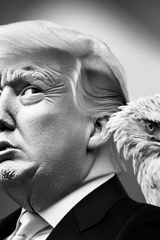 Image similar to Close-up portrait of Donald Trump with an American bald eagle on his head, octane, dramatic lighting, editorial photo, 35mm, very detailed