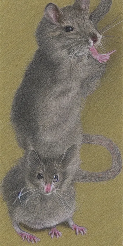 Image similar to She loved the squeak of the mice, who could now crawl out of their holes anywhere in the house to meet in the home kitchen for an evening feast, colored pencil drawing - W 1024