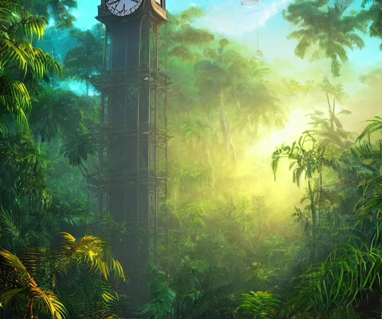 Image similar to a tall clock tower in a jungle!, mist, tropical trees, vines, birds, sunset!, fluffy clouds, warm colors, beautiful lighting, digital art, intricate details, trending on artstation