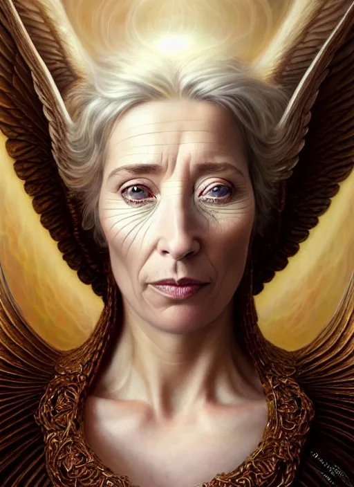 Prompt: emma thompson as an angel with cloak, aesthetic, fine art, intricate, elegant, highly detailed, realistic hair, centered, digital painting, art station, conceptual art, soft, sharp focus, illustration, artwork, artgerm, tomasz alen kopera, peter mohrbacher, donato giancola, wlop, boris vallejo