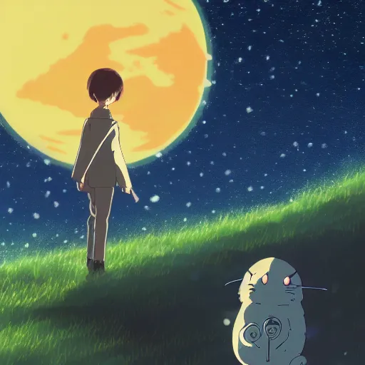 Image similar to friendly creature made by Hayao Miyazaki, studio ghibli artstyle, night, stars, beautiful scene, smooth, detailed, high detail,high quality, 8k anime