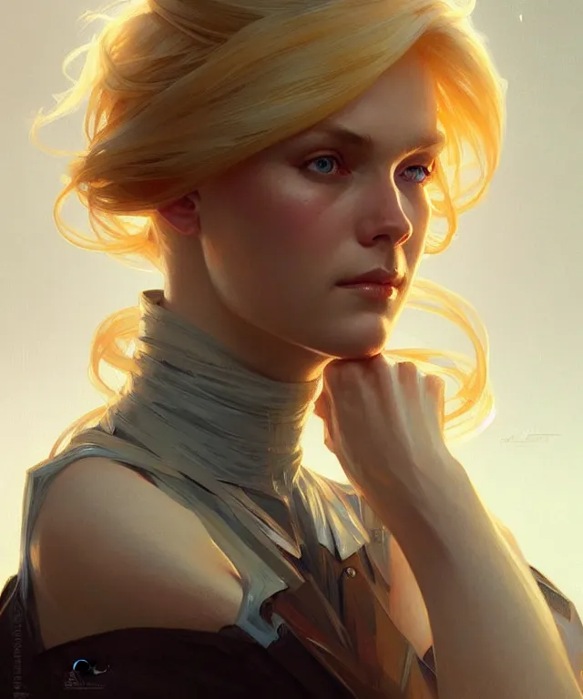 Prompt: gallent blonde girl portrait, sci-fi face, elegant, highly detailed, digital painting, artstation, concept art, smooth, sharp focus, illustration, art by artgermnd greg rutkowski and alphonse mucha