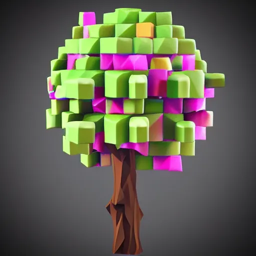 Prompt: a low poly tree with cubes as fruits