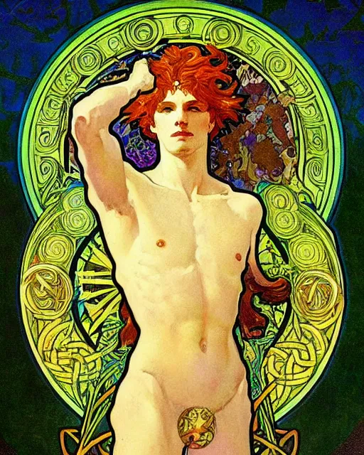 Image similar to an art nouveau painting of a the celtic god lugh, beautiful, shining sun, highly detailed, intricate, artstation, by alphonse mucha and james gurney