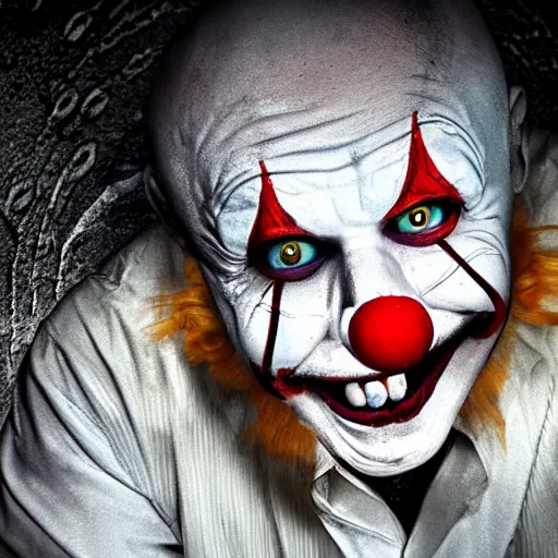 Prompt: photo of a killer clown in the sewer