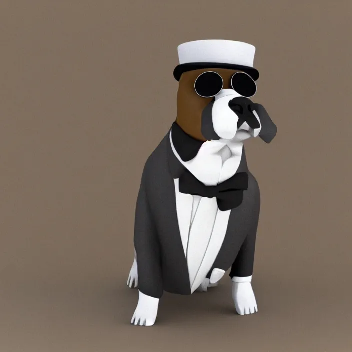 Image similar to 3d render of a boxer dog wearing a top hat and a monocle, blurred background of a fancy house