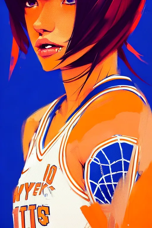 Image similar to a ultradetailed beautiful panting of a stylish girl in a knicks jersey, by conrad roset, greg rutkowski and makoto shinkai, trending on artstation