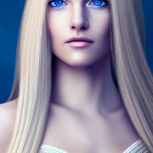 Prompt: portrait of a woman with long blonde hair, blue eyes, white dress, elegant, beautiful, highly detailed, perfect face, photorealistic, 8k
